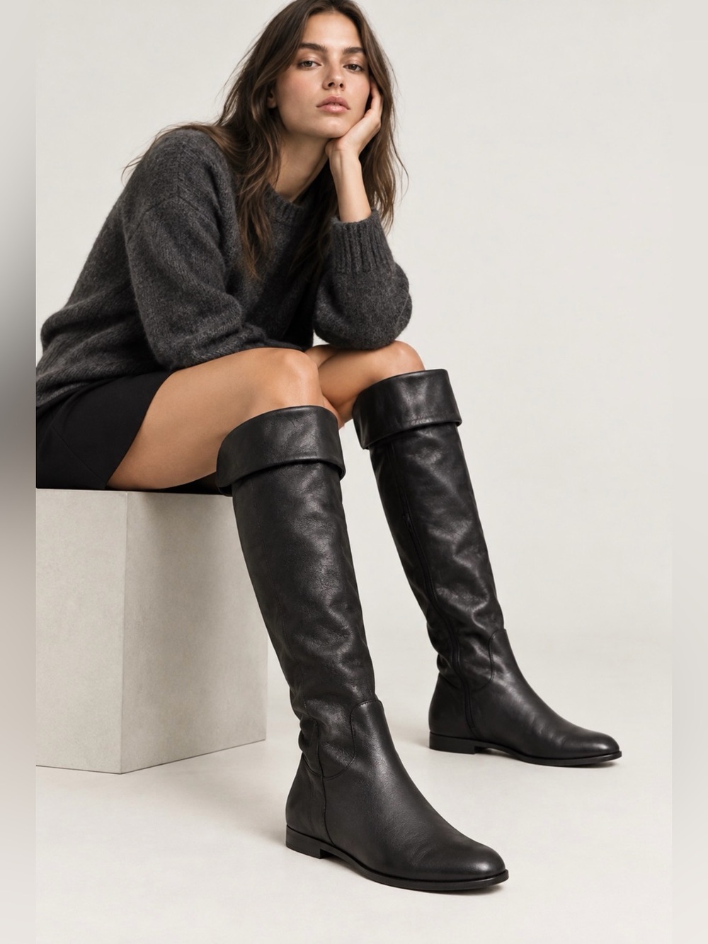 Clarks 90s Y2K Fold-Top Over-the-Knee Black Leather Boots, UK 4